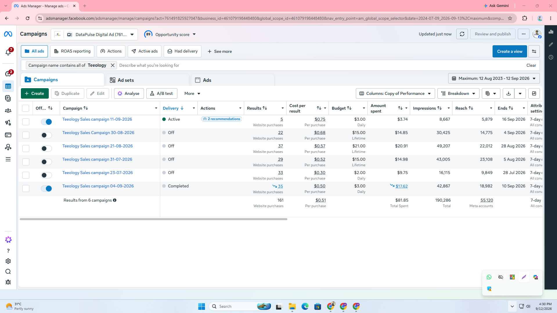 Teeology Meta Ads Manager purchase campaign performance screenshot
