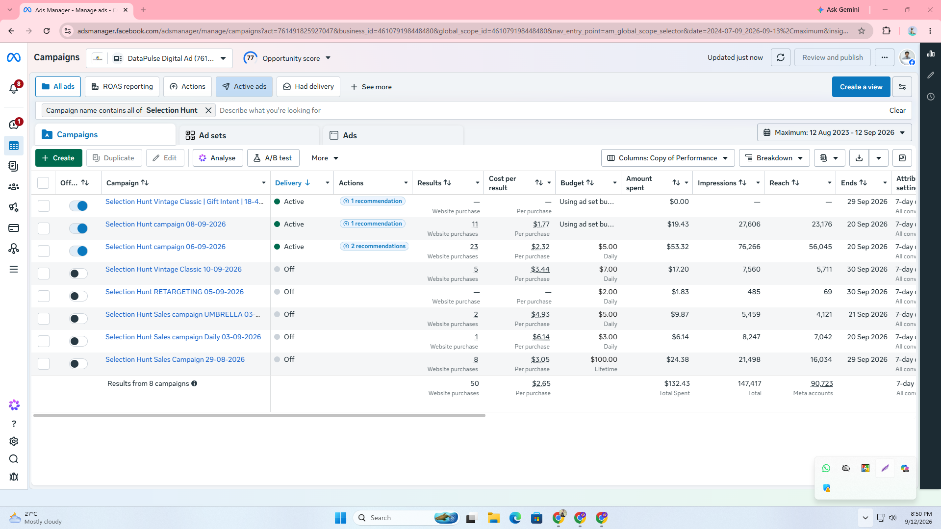 Selection Hunt Meta Ads Manager e-commerce campaign performance screenshot
